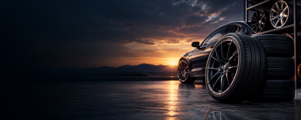 Tires and alloy wheels beside a car at sunset